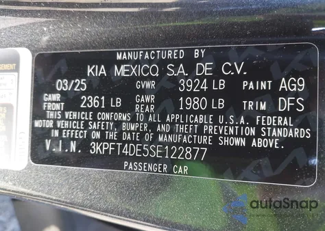 2025 Kia K4 Lxs from USA, damaged, VIN 3KPFT4DE5SE122877